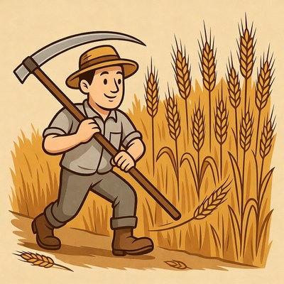Cartoon farmer harvesting wheat field