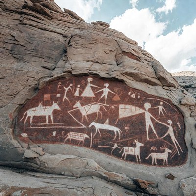 Ancient rock art with people and animals