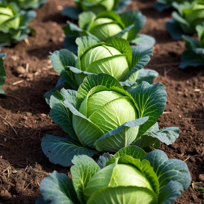 Fresh green cabbages in field