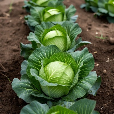 Row of fresh green cabbages in field