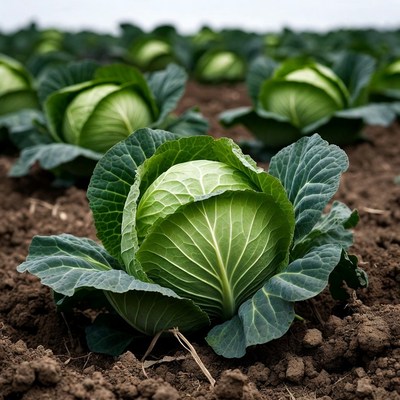 Fresh green cabbage in field
