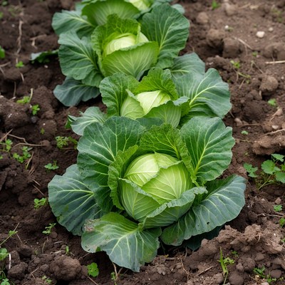 Fresh green cabbage heads in field