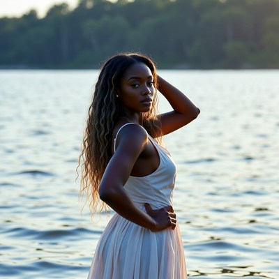 African-American woman by lake sunset