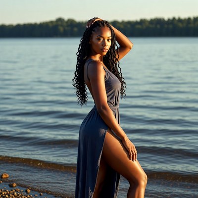 African-American woman in slit dress by lake