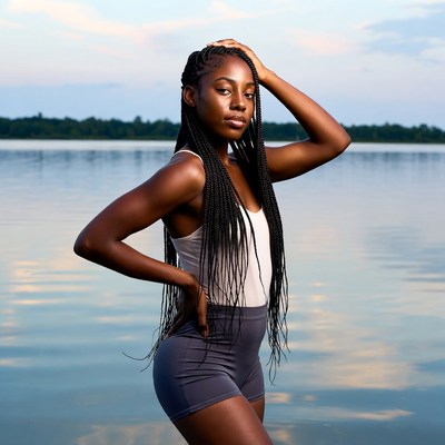 African-American woman posing by lake