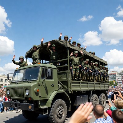 Soldiers waving from military truck parade