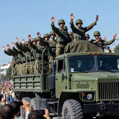 Soldiers waving from military truck
