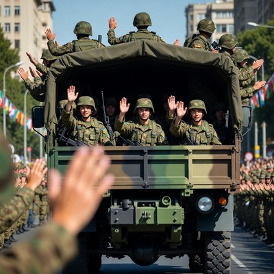 Ukrainian Soldiers Waving in Military Parade