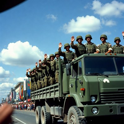 Soldiers waving from military truck