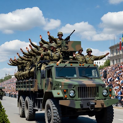 Soldiers waving from military truck