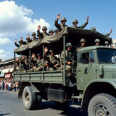 Soldiers waving from military truck