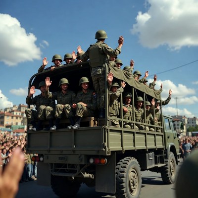Soldiers waving from military truck
