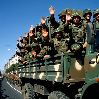 Soldiers waving from military truck