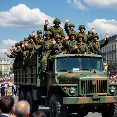 Soldiers waving from military truck