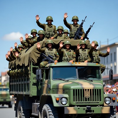 Soldiers waving from military truck