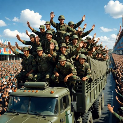 Vietnamese soldiers waving on military truck