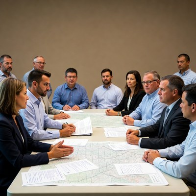 Business team reviewing maps at meeting