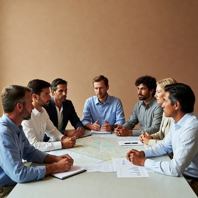 Business team discussing map at meeting