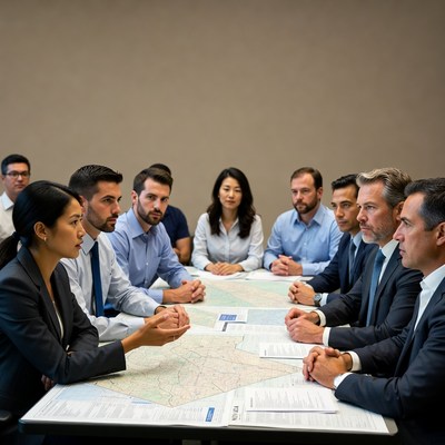 Diverse team discussing map at conference table