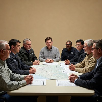 Men in uniforms at meeting table