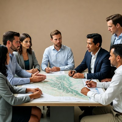 Diverse team analyzing map at meeting