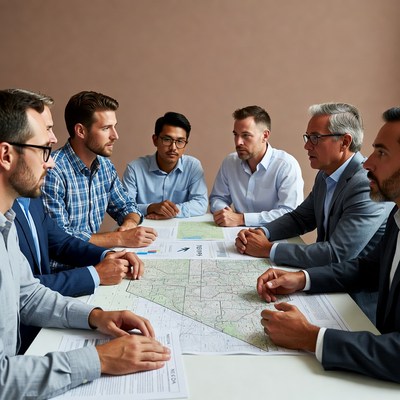 Men reviewing map at meeting table