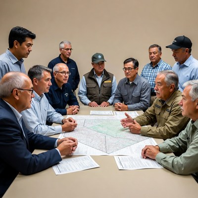 Men discussing map at meeting table