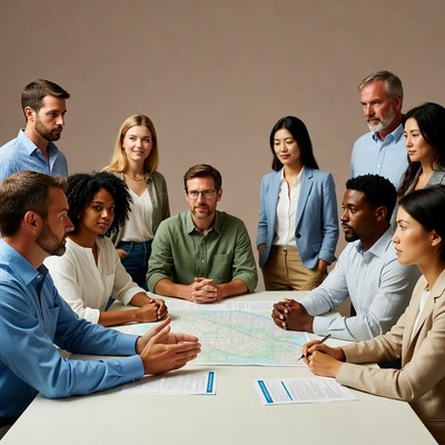 Diverse team discussing map at meeting