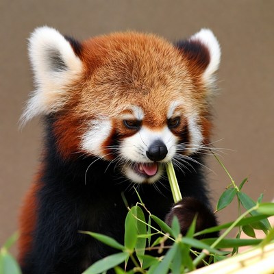 Baby red panda eating bamboo