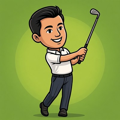Cartoon Asian man swinging golf club