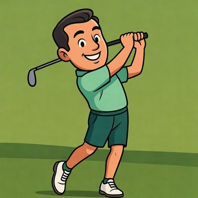Cartoon man swinging golf club