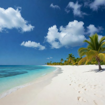 Tropical beach with footprints and palm trees