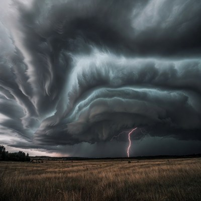 Lightning Storm Over Grassy Field