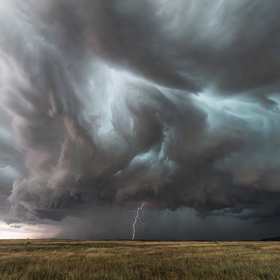 Lightning striking grassy field