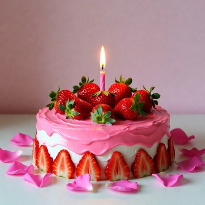 Strawberry Cake with Lit Candle