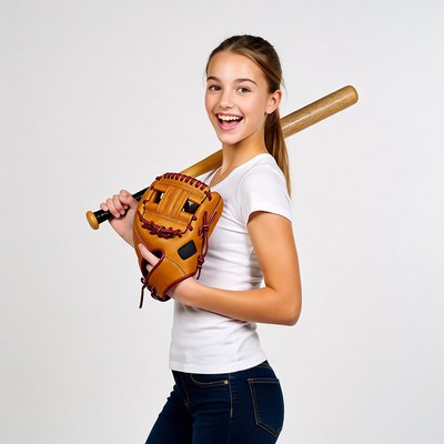 Girl holding baseball glove and bat