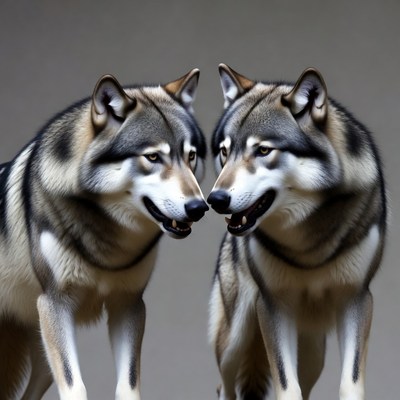 Two gray wolves facing each other