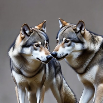 Two wolves nose to nose