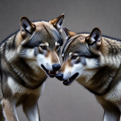 Two gray wolves nuzzling noses