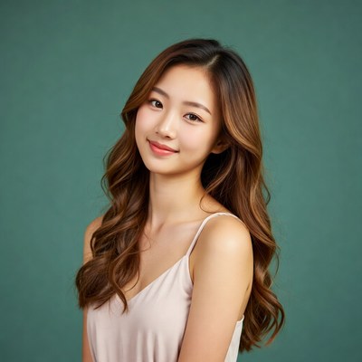 Asian woman smiling on green background