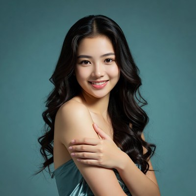 Asian woman smiling in teal dress