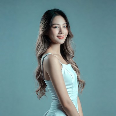 Asian woman in white dress smiling