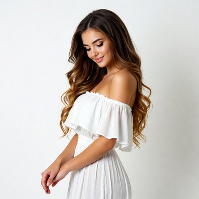 Smiling woman in white off-shoulder dress