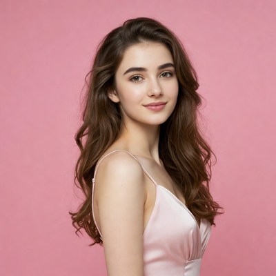 Young woman in pink slip dress