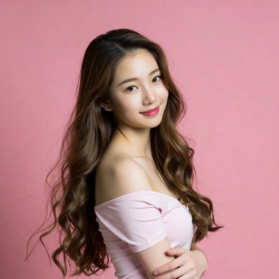Asian woman in pink off-shoulder top