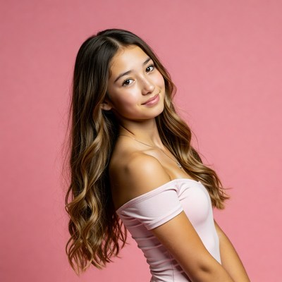 Asian girl smiling in pink dress