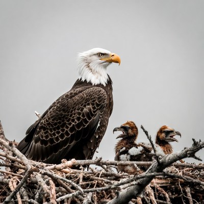 Bald Eagle with Two Chicks in Nest