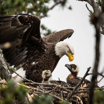 Bald eagle feeding eaglets in nest