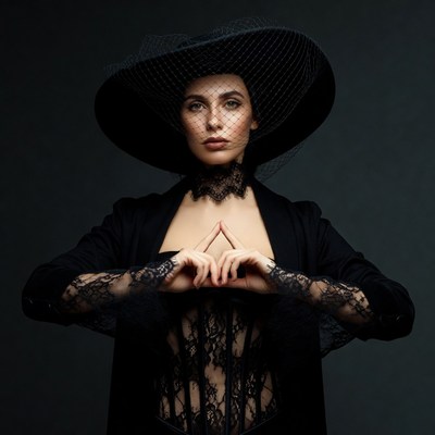 Woman in black lace dress and wide hat