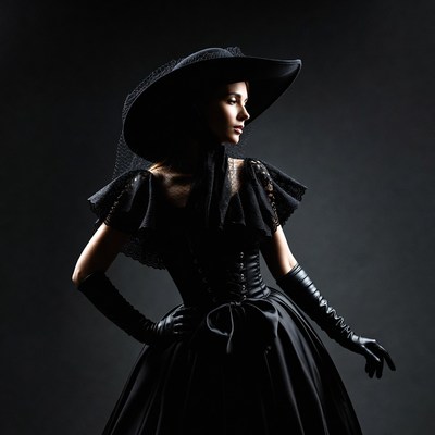 Woman in Black Victorian Gown and Hat